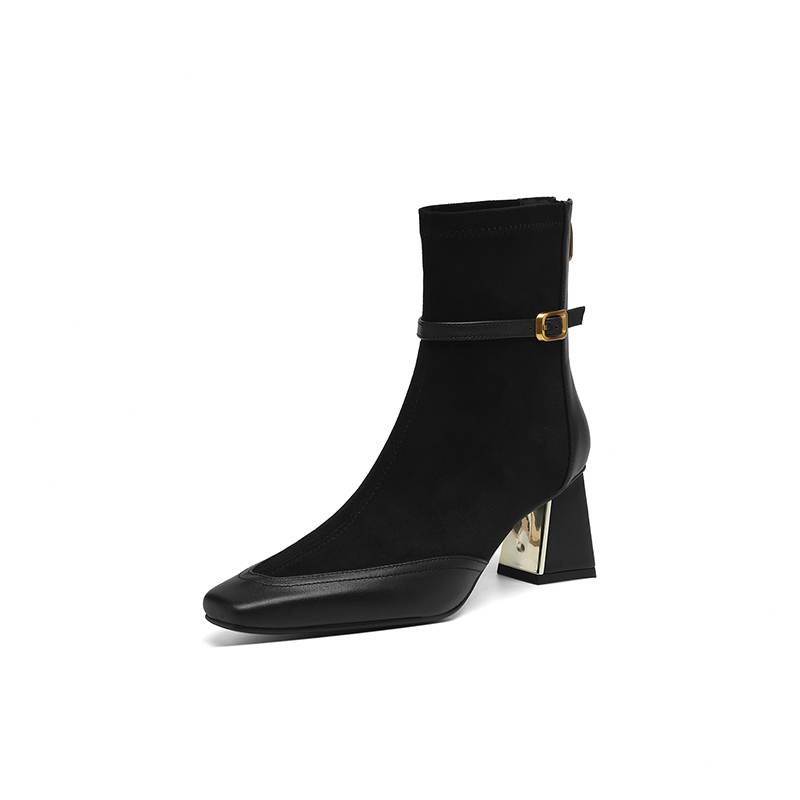 Krazing Pot Flock Cow Skin Square Toe Thick Heels Chelsea Boots Size 42 Beauty Lady Women Modern Fashion Girl Ankle Boots