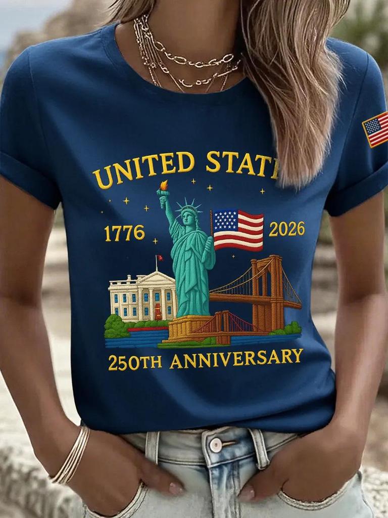 Women's 250th Anniversary Independence Day Digital Print T-shirt – Short Sleeve, Casual European & American Style