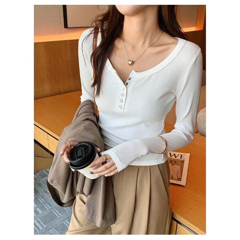 Women Long Sleeve Round Neck Slim Fit Button Casual Base T Shirt