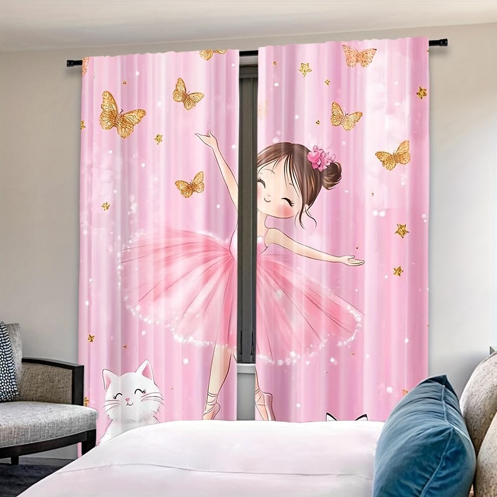 2PCS Digital Print Curtains, Cartoon Ballet Dancer Kitty, Cute Kids