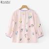 ZANZEA Women Casual Round Neck Long Sleeve Loose Floral Blouse