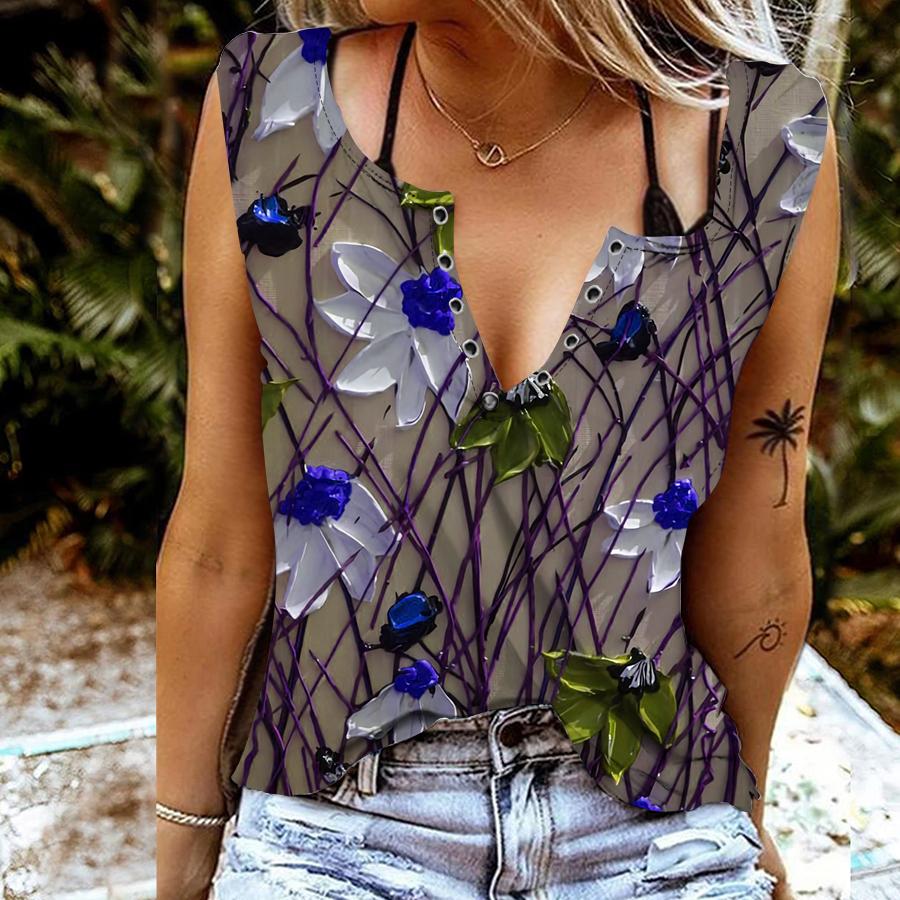 Dámské tílka Sexy letní topy s výstřihem do V Vesta 3D olejomalba Květiny Potisk Cool Lehké topy