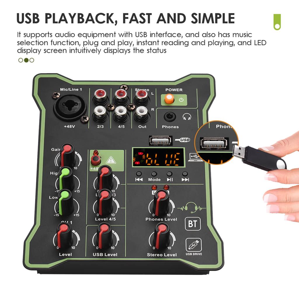 Compact Audio Mixer Sound Mixing Console with 48V Phantom USB Audio LED Reverb Bluetooth Function for DJ Live Karaoke 5-Channel Power, Interface,