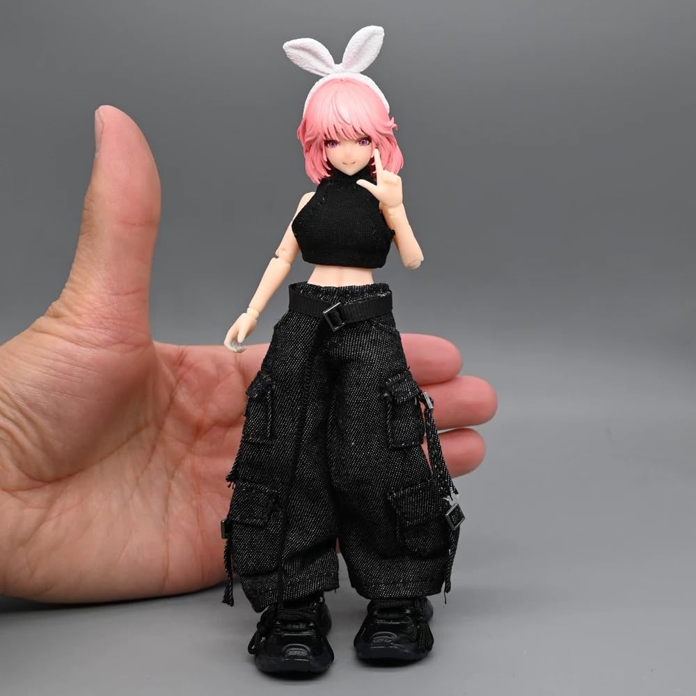 [TOYBARJAPAN] 112 Scale Figure Functional Cargo Pants Jeans with Long Belt and Off-Shoulder Tank Top (Body, Head, and Shoes Not Included) (Black)