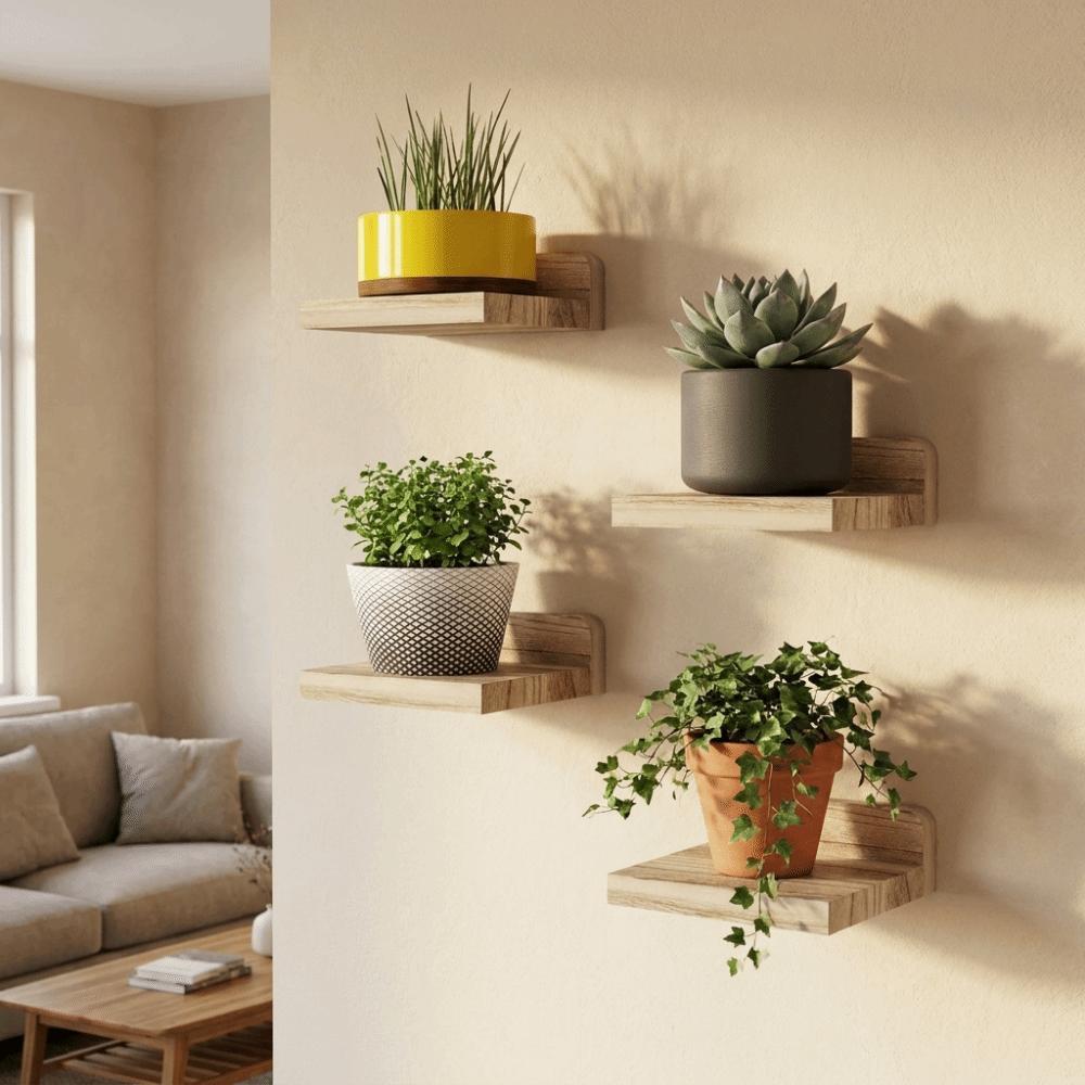 4PCS Simple Small Floating Shelves Wood Wall Storage Rack Plant Flower Pot Tray  Garden Decor
