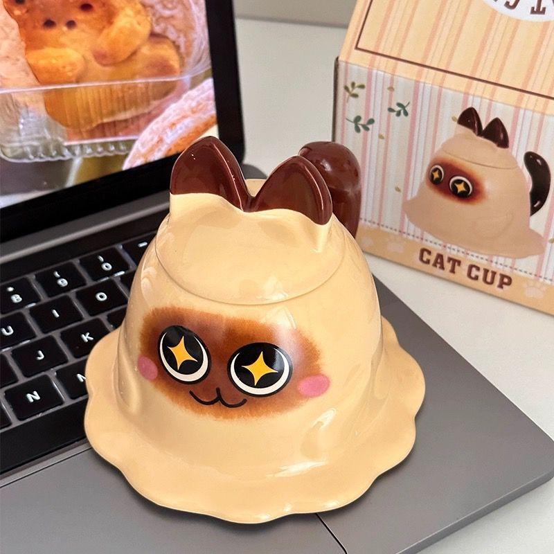 

Кружка Керамическая чашка с крышкой Милая чашка для завтрака Молочная чашка Кофейная чашка Чашка для воды Подарок на день рождения Керамическая чашка Милый кот 300ml