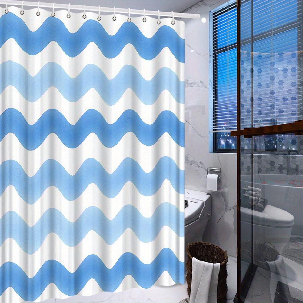 1 piece of wavy blue line pattern shower curtain - ocean soothing design, simple and clean white polyester fabric with hooks