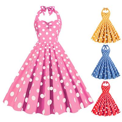 Women Vintage Dress 50s Retro A-line Big Swing Sleeveless Dot Print Contrast Color Elastic Bust Halter Neck High Tight Waist Backless Knee Length