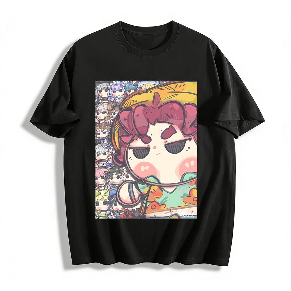 Genshin Impact Cute Chibi Characters Print T-shirt Unisex Casual Loose Anime Game Top Pure cotton T-shirt XXS