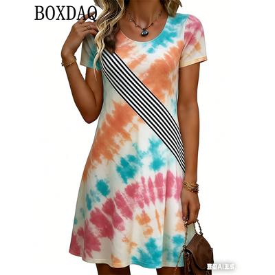 Tie Dye Gradient Print Dresses For Women 2026 Summer Clothing Fashion Striped 3D Print Loose Short Sleeve Dress Women's Casual