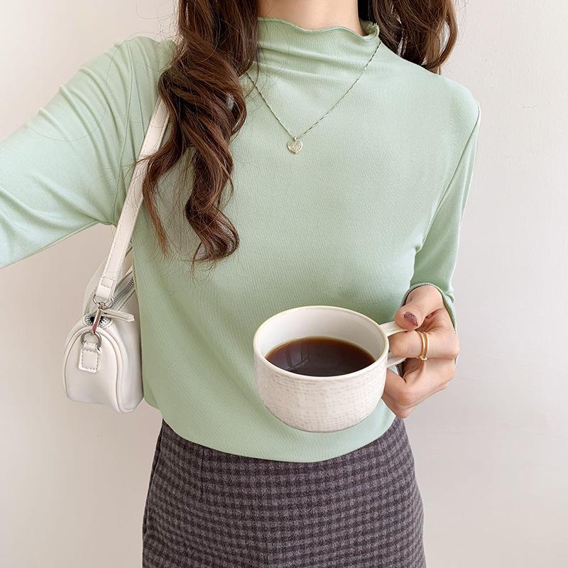 

Modal half turtleneck undershirt women spring and autumn winter new white long-sleeved T-shirt wooden ear edge foreign air inside the top XL