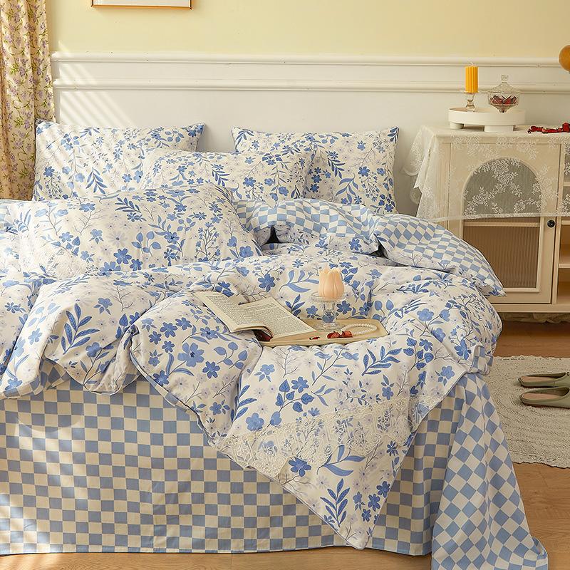 Vierteiliges Bettlaken aus reiner Baumwolle mit Blumenmuster, dreiteiliges Set mit kleinem, frischem Baumwollbett im Prinzessinnen-Stil