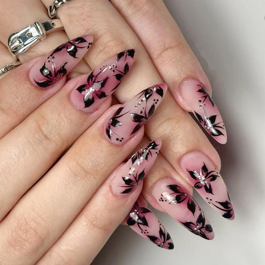 Press On Nail With Glittering French Glossy Flower Pattern Long Stilettos 24pcs Faux Nail Artificial Fingernail