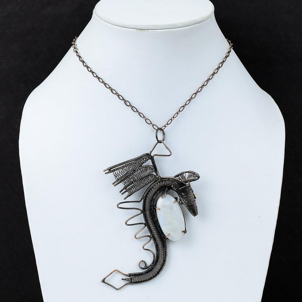 Rainbow Moonstone Pendant Copper Wire Wrapped Pendant Gemstone Jewelry Handmade Pendant Dragon Pendant Beautiful Copper Jewelry Gift For Him