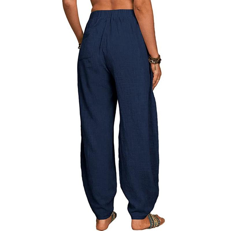 Damen locker lässige Baumwoll-Leinen-Mischhose elastische Taille mit Tasche
