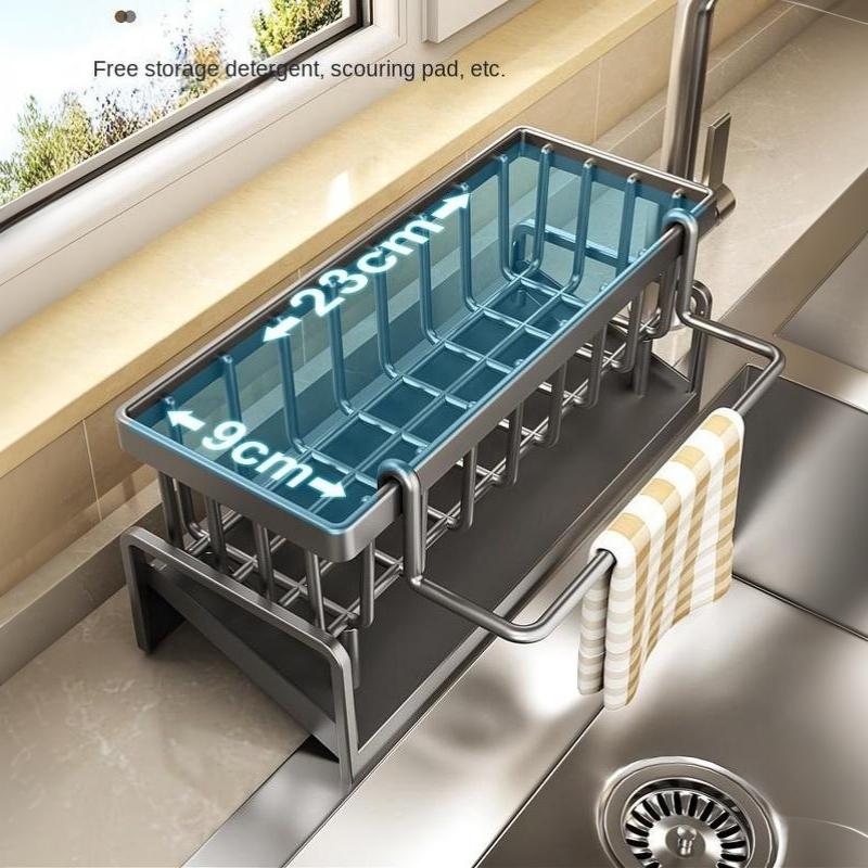 Sponge Drainer Rack Wall Mounted with Towel Holder Space-saving Kitchen Sink Organizer for Bathroom Laundry Room Use