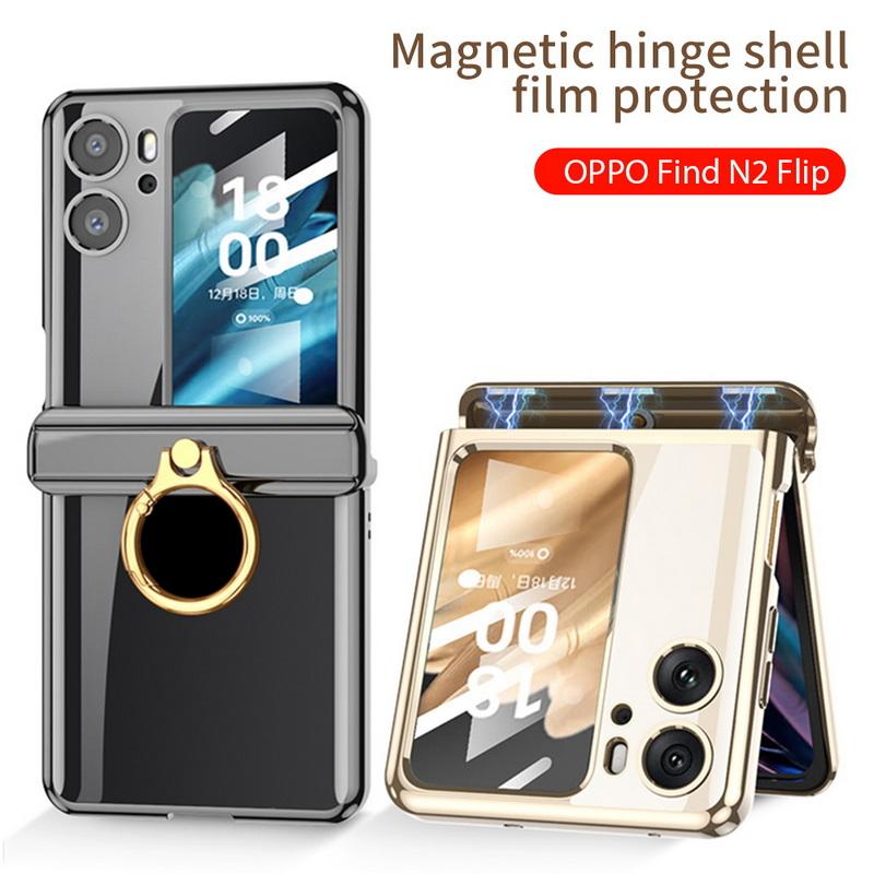 Чехол для держателя магнитного шарнирного кольца для Oppo Find N2 Flip Ударопрочное закаленное стекло ПК Прозрачная крышка корпуса