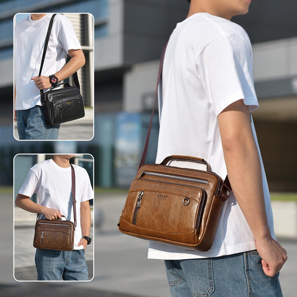 WEIXIER Men's Leather Messenger Bag Waterproof Crossbody Shoulder Bag Sling Satchel Bag Briefcase for Work Business Travel