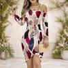 Women Plus Size Cold Shoulder Chain Strap Long Sleeve Printed Asymmetric Hem Bodycon Dress