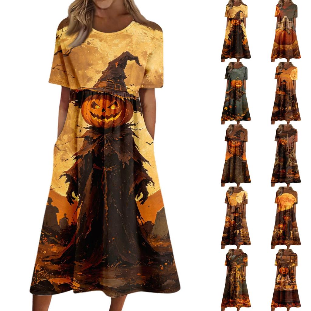 Women's Casual Round Neck Dress with Pockets Halloween Print for Party and Everyday Wear