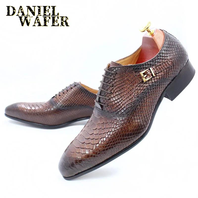Fashion Luxury Men Leather Shoes Snake Skin Print Business Dress Formal Classic Style Burgundy Blue Pointed Toe Lace Up Oxford Shoes Men