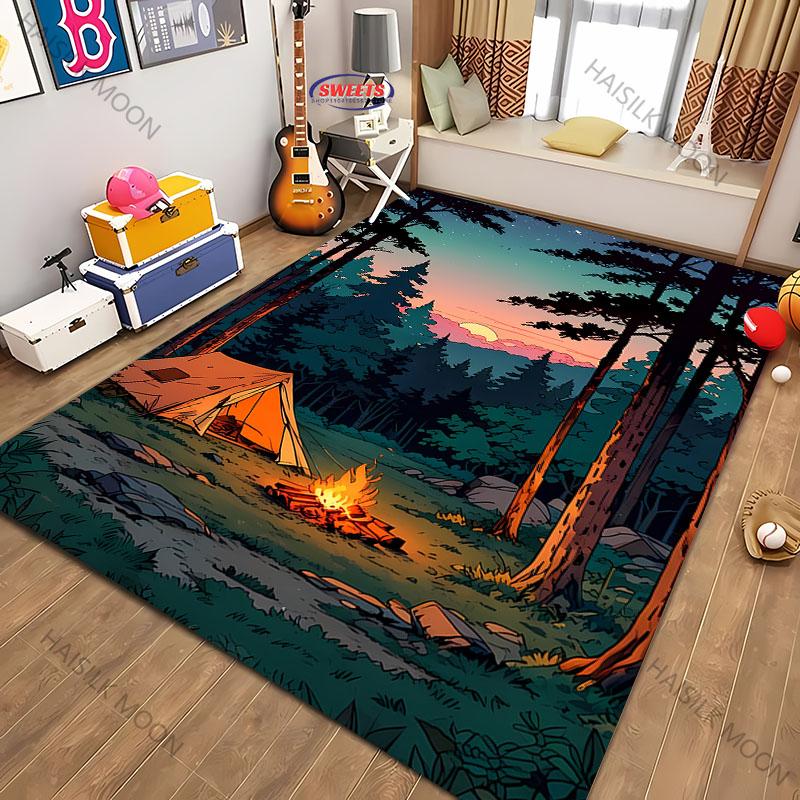 New Shelves! Outdoor Camping Theme Printed Carpet, Living Room Bedroom Office Children's Room Rug, Non-slip Machine Washable Mat