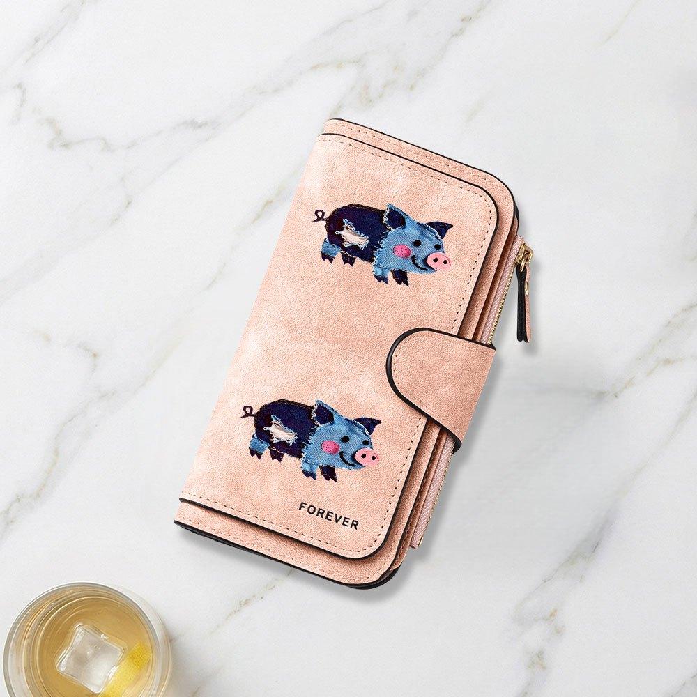 Patchwork Denim Cute Pig Doll Print Long Wallet Multifunctional Portable Snap Button Coin Purse Unisex Perfect Birthday Gift for Daily Use Travel