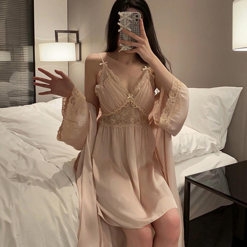 Pajamas Ladies Summer Ice Silk Sexy Lace Premium Sense Suspender Chest Pad Pajamas Thin Spring and Summer Loungewear