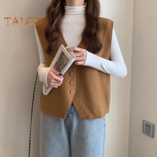 Jesień Zima Damska Kamizelka Dekolt w Serek Zapinana Na Guziki Jednolity Kolor Luźna Dzianina Gruba Utrzymuje Ciepło Bez Rękawów Luźny Sweter Top