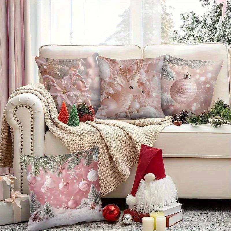 Pink Christmas Pillowcases: Deer, Balls & Frosty Foliage for Festive Flair! Sofas, Bedroom Pillow Covers, Holiday Gifts