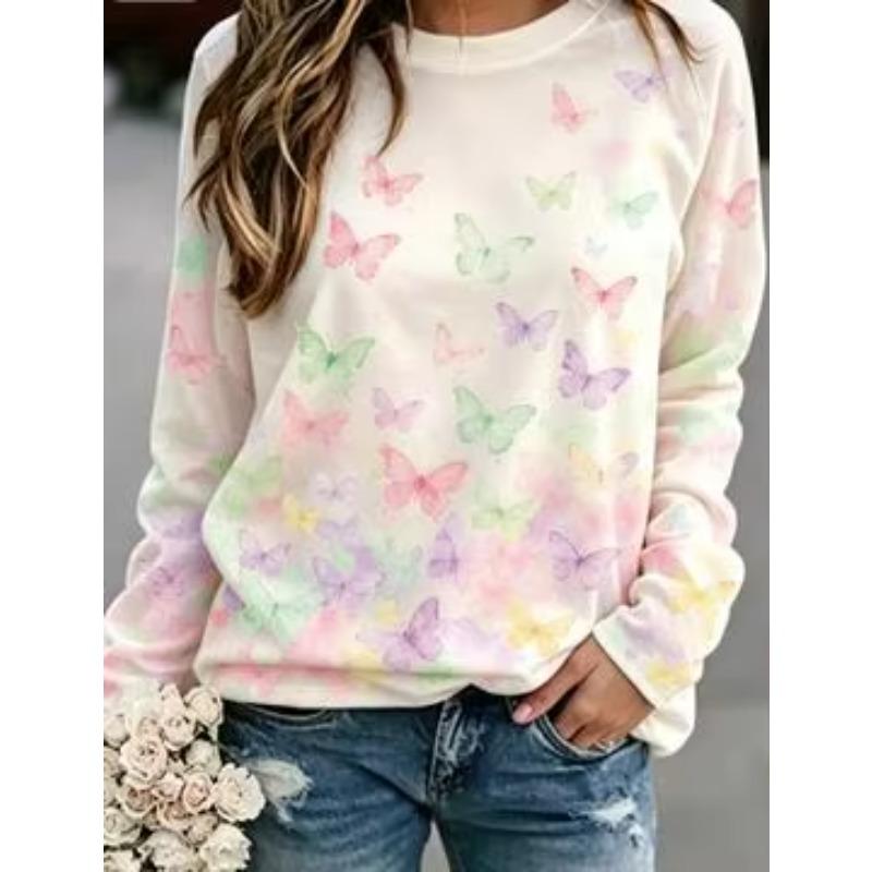 Autumn and Winter Ladies Butterfly 3D Printed Crew Neck Long Sleeve T-Shirt