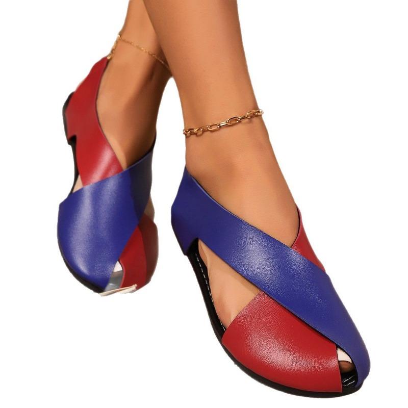 Sandalen Damen Tasche Seitlich offen Flache Schuhe Überkreuz Weiches Leder Gummiband Zehentrenner