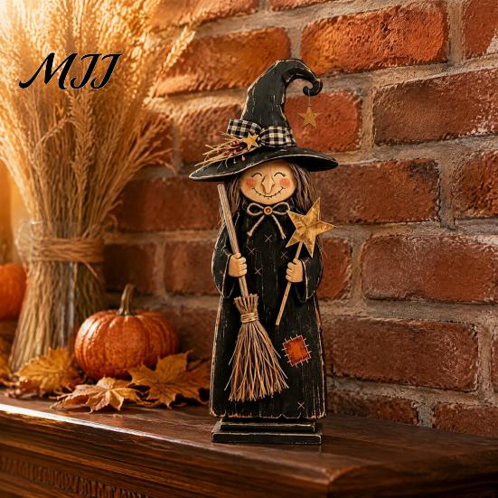 Vintage Style Witch Party Supplies Wooden Figurine, Halloween Statues with Rustic Home Decor Broom Pumpkin Black Cat, Fall Farmhouse Tabletop
