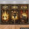 2D plochý tisk filmové pozadí, "Lights Camera Action" párty pozadí
