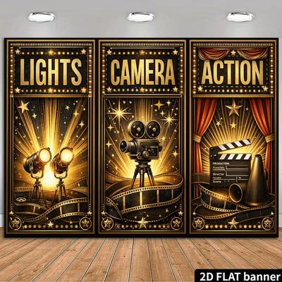 2D Flachdruck Filmkulisse, "Lights Camera Action" Partyhintergrund