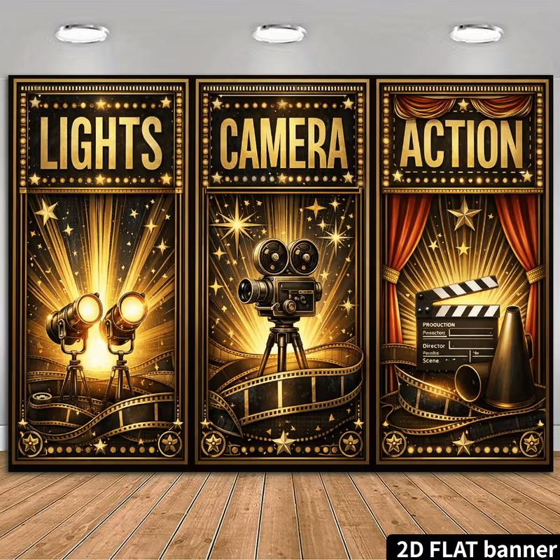 

2D Flat Printing Movie Backdrop, Lights Camera Action Party Background 47.2x31.5inch/120*80cm