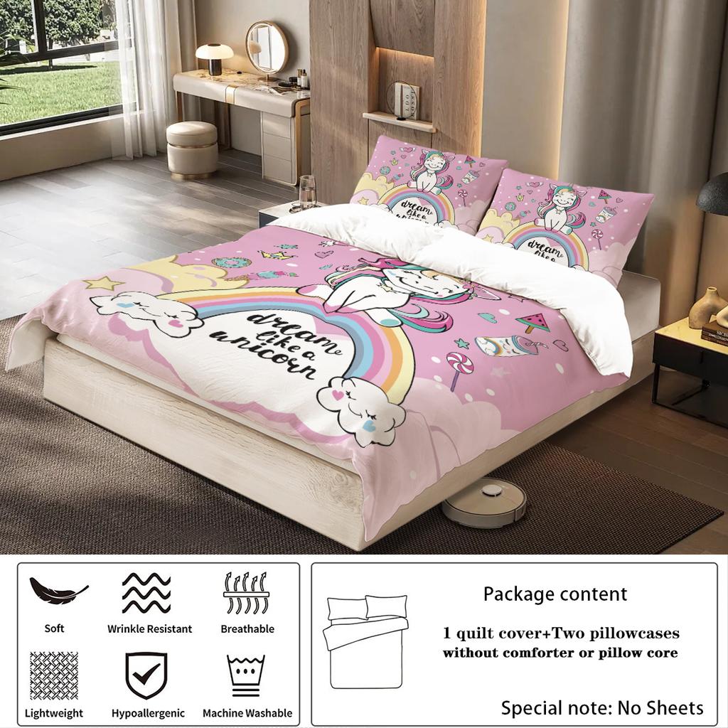 3-piece down duvet cover cartoon unicorn rainbow pattern print (1 duvet cover+2 pillowcases, no core) girls' bedding set