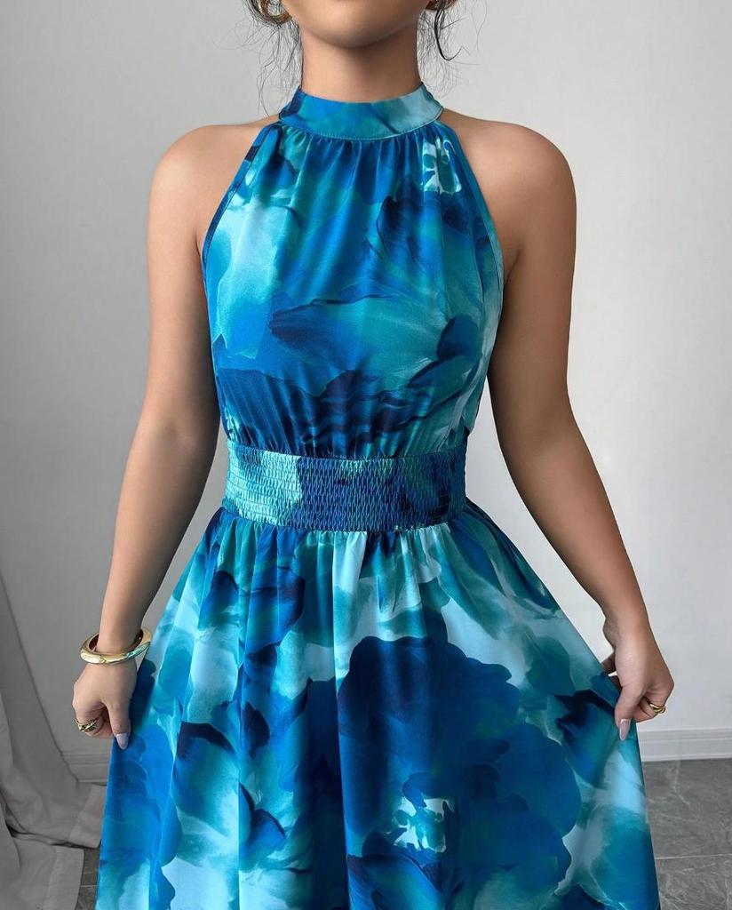 Women's Halter Neck Ruched Waist Sleeveless Ruffle Dress for Summer 2026