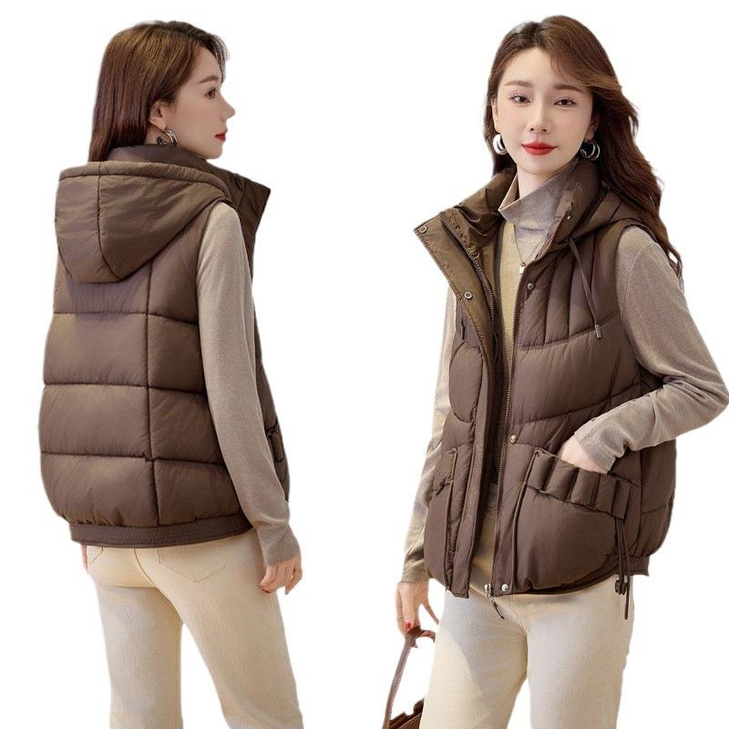 Short Hooded Down Cotton Vest Women's Autumn and Winter New Loose Versatile Cotton Vest Outer Wear Cotton Vest