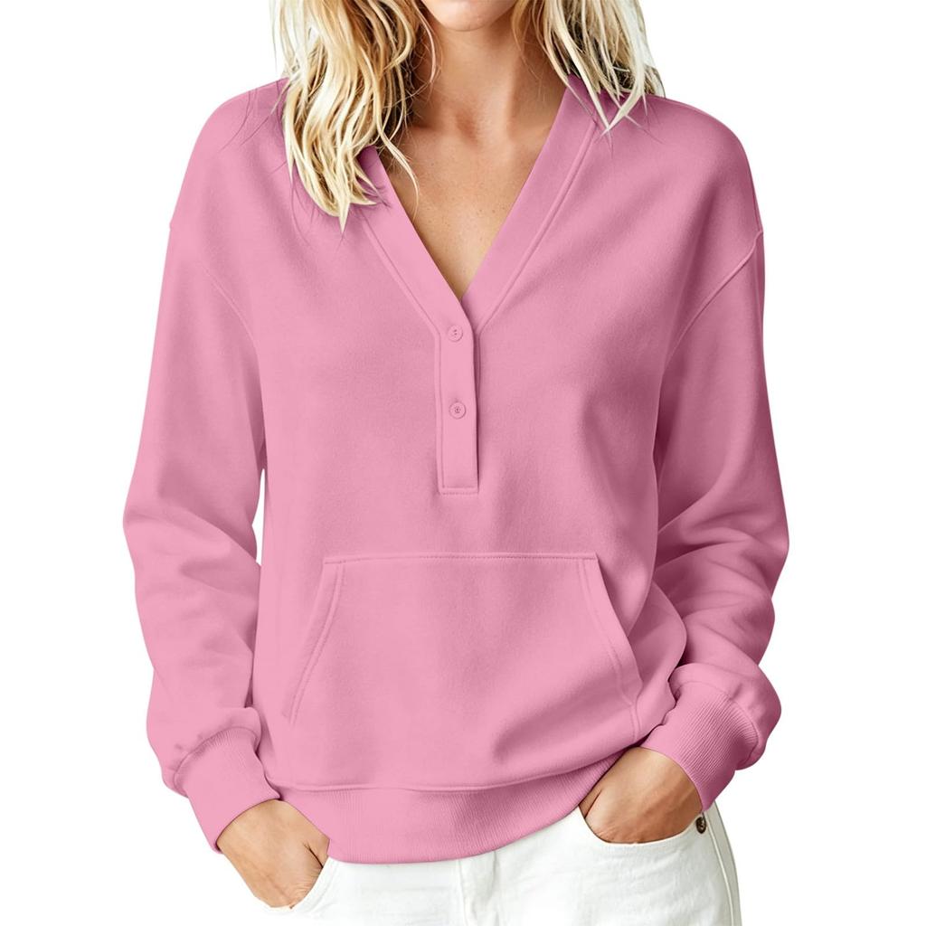 Women's Casual V Neck Pullover Sweatshirt Long Sleeve Buttoned Top with Front Pocket Lightweight Comfortable Fit