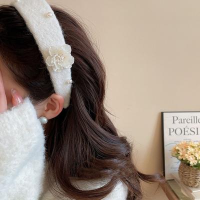 Sweet Floral Pearl Hair Hoop Korean Style Wide Edge Hairband Flocking Flower Headband  Women