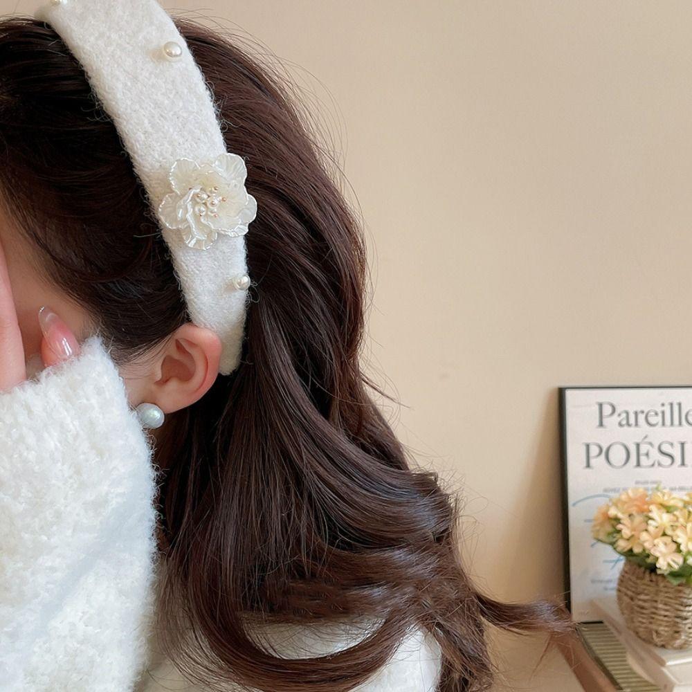 Korean Style Floral Pearl Hair Hoop Exquisite Wide Edge Hairband Flocking Flower Headband  Lady