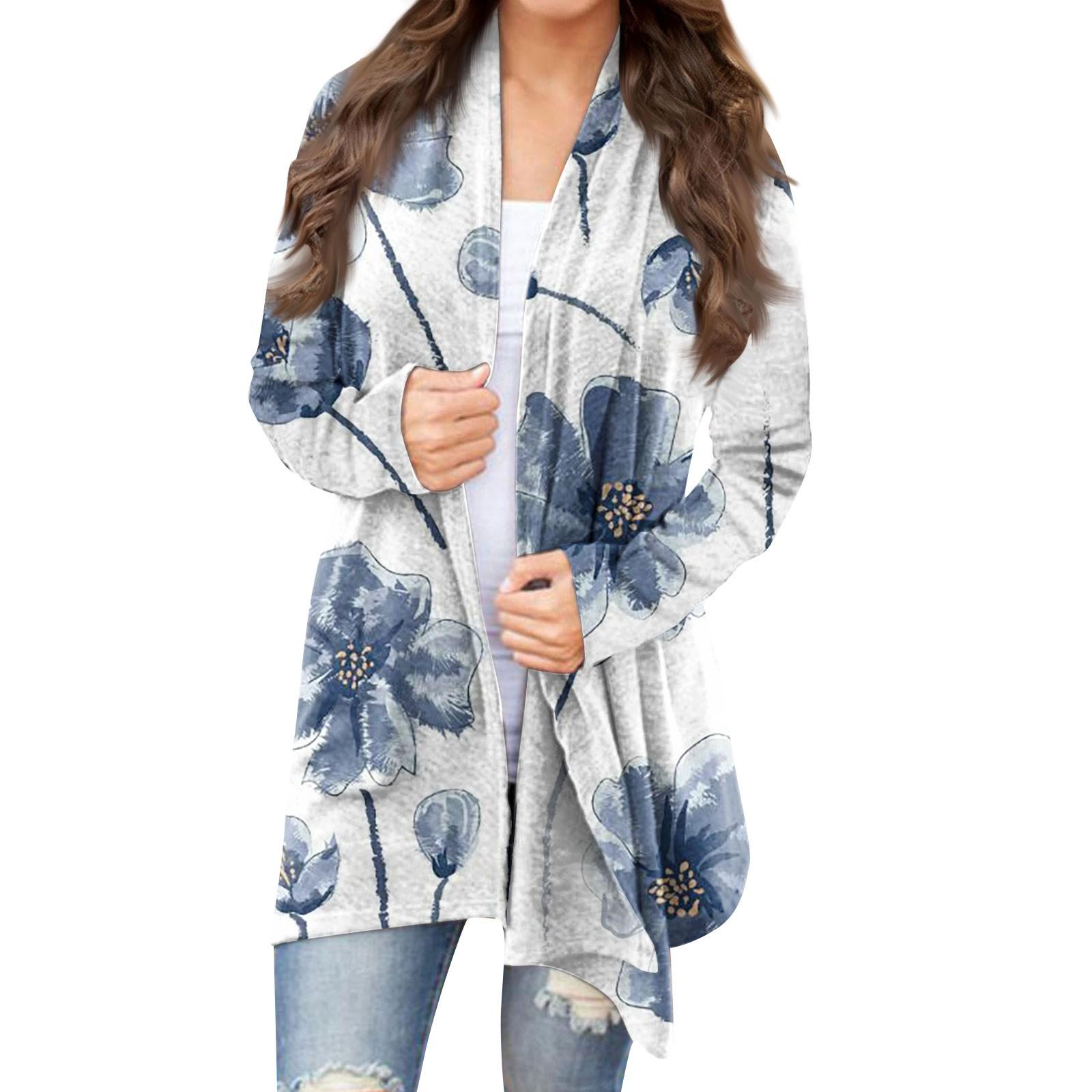 

Женская модная повседневная куртка-кардиган средней длины с цветочным принтом, пальто XXXL синий