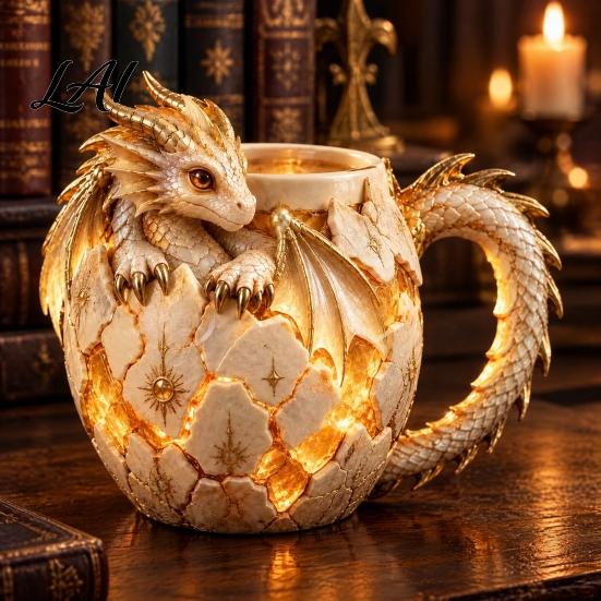 Tabletop Display Ornament Fantasy Dragon Egg Mug Stainless Steel Liner 3D Relief Baby Theme Party Props Coffee Cup Realistic Resin Desktop for Home