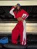 2026 contrasting color splicing short sports suit women's zipper short jacket elastic waist wide-leg trousers two-piece set