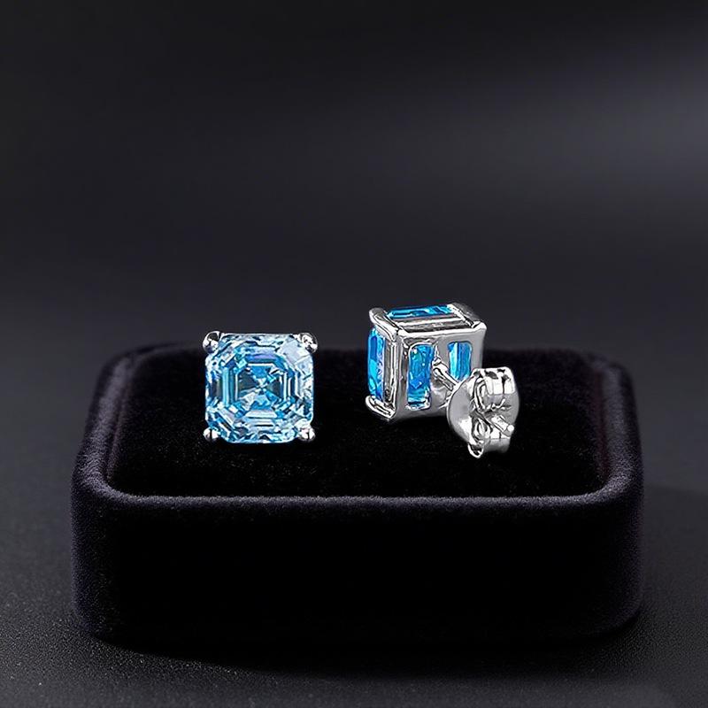 2025 Sea Blue Pagoda Simulated Diamond Stud Earrings in 925 Silver