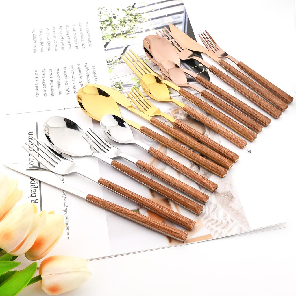 30Pcs Wood Handle Silver Dinnerware Steak Knife Fork Spoons Cutlery Set Stainless Steel Marble Flatware Kitchen Tableware Set