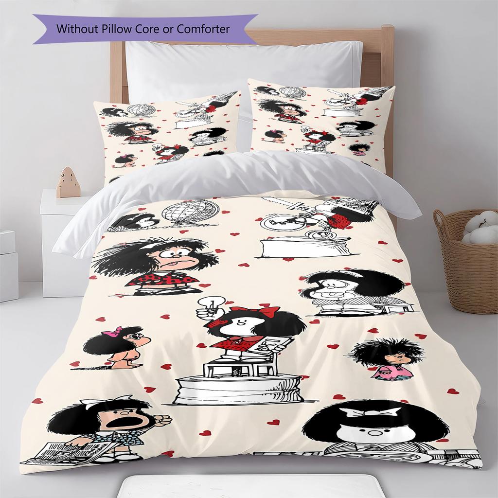 Pościel z wzorem Mafaldy, Zestaw kołdry Poszewka na kołdrę Poszewka na poduszkę Domowy prezent urodzinowy (1 * poszwa na kołdrę + 2 * poszewki na poduszki, bez rdzenia)