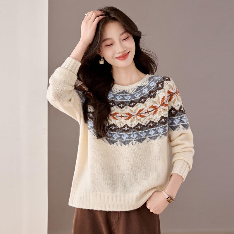 Women's Autumn/Winter Pure Wool Jacquard Knit Pullover Sweater