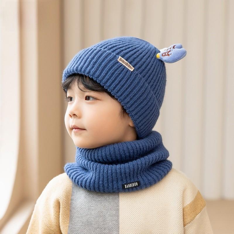 Knitted Winter Children Hat And Scarf Set With Animal Cartoon Design For Kids